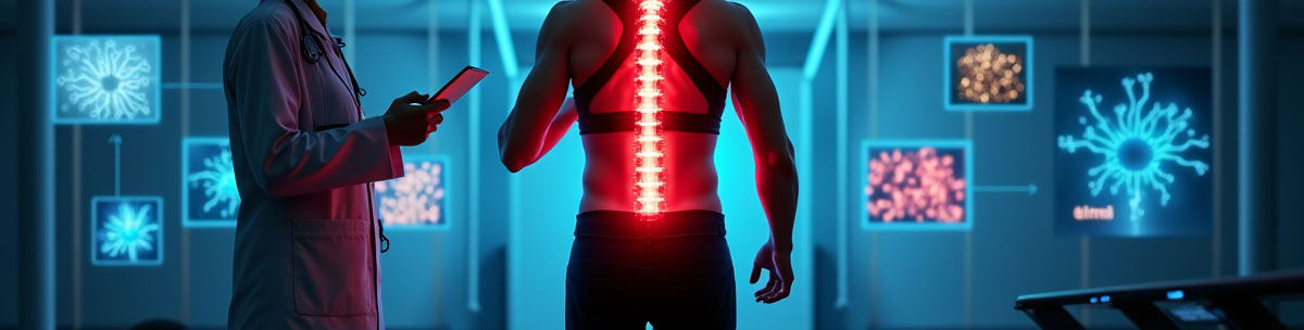 A scientist next to a man with a glowing spinal cord, there are images of interventions floating around the man
